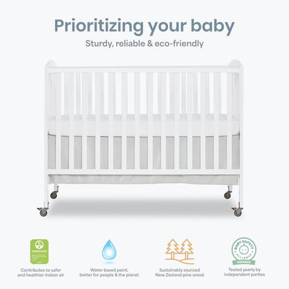 Dream On Me Full-Size 2-in-1 Folding Baby Crib in White, GreenGuard Gold & BSA, Portable, Patented Quick Folding System, Strong Wheels, 2 Adjustable Mattress Heights