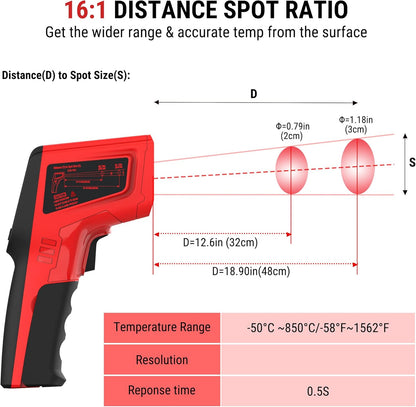 TempPro D50 Dual Laser Infrared Thermometer Gun - Adjustable Emissivity & MAX/MIN/AVG Display for Cooking & Industrial Use