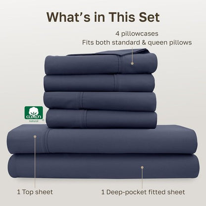 California Design Den Queen Size Sheet Set - 6-Pc 400 Thread Count 100% Cotton, Deep Pocket - Indigo Dusty Blue