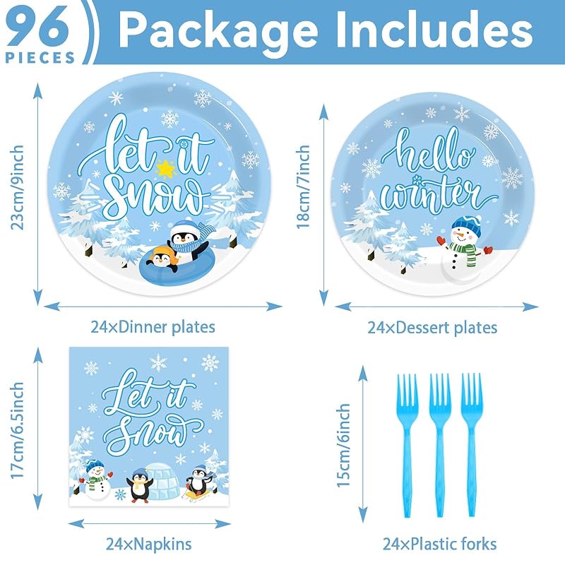 Let It Snow Winter Party Dinnerware Set 96 PCS - Plates, Napkins & Forks with Snowman Penguin