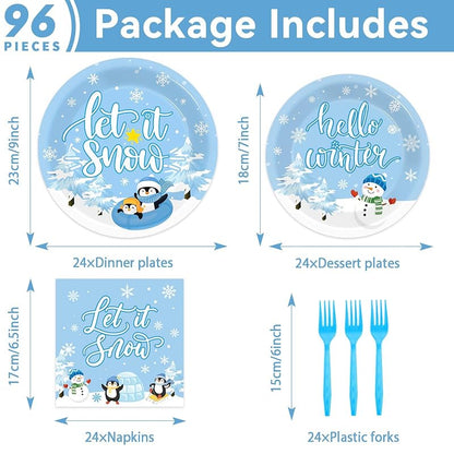Let It Snow Winter Party Dinnerware Set 96 PCS - Plates, Napkins & Forks with Snowman Penguin