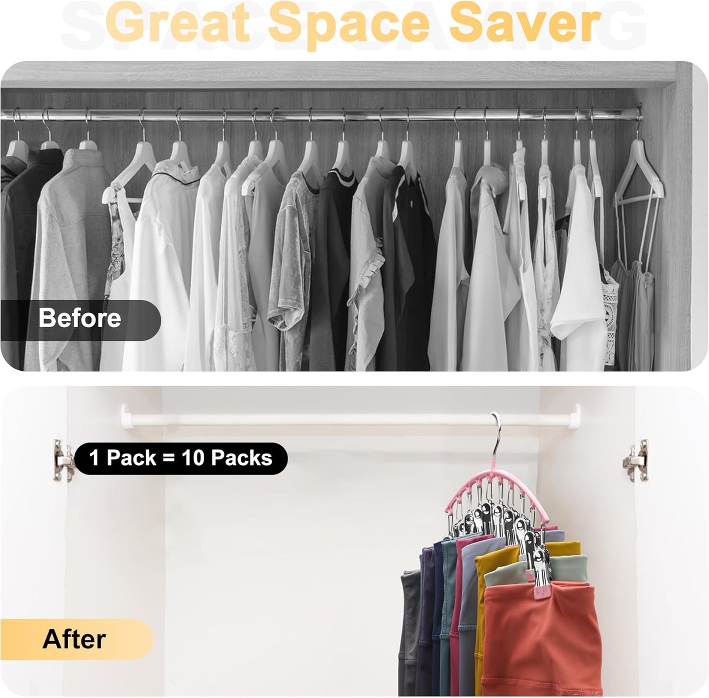 Metal Yoga Pants Hangers - Space-Saving Closet Organizer with 10 Clips | Pink, Holds 10 Leggings