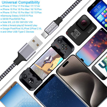 TAKAGI USB to USB-C Cable - Fast Charging 6ft Nylon Braided Data Sync Cord | 3-Pack for iPhone & Galaxy
