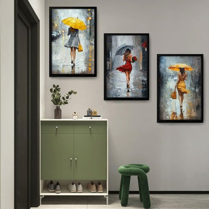 JIMUJIA 3-Piece Canvas Art - Abstract Yellow & Red Umbrella City Scene | Framed Wall Decor 16x24 Inch