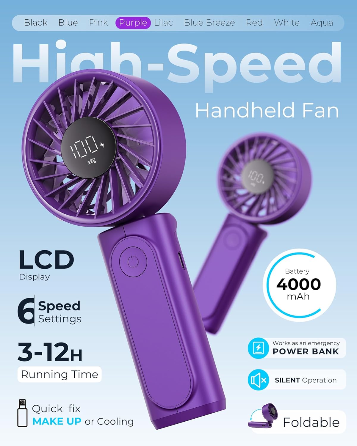 Peiyuu Portable Handheld Fan - 4000mAh USB Rechargeable Mini Desk Fan | 180° Foldable, 6 Wind Speeds, Ultra Quiet