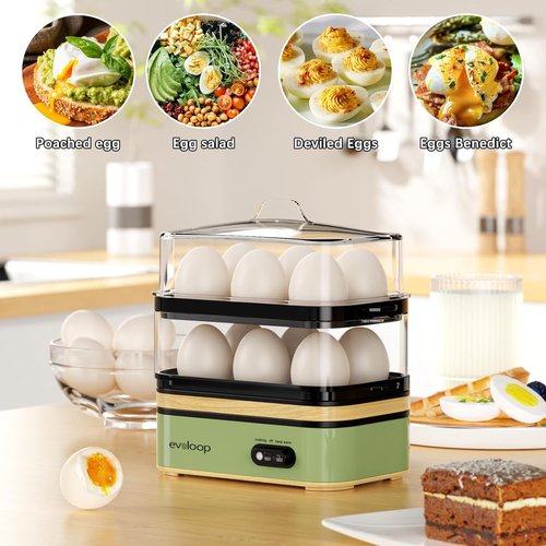 Evoloop Rapid Egg Cooker - Electric 12 Egg Capacity | Soft, Medium, Hard Boiled & Poached Eggs, BPA-Free Green Tray