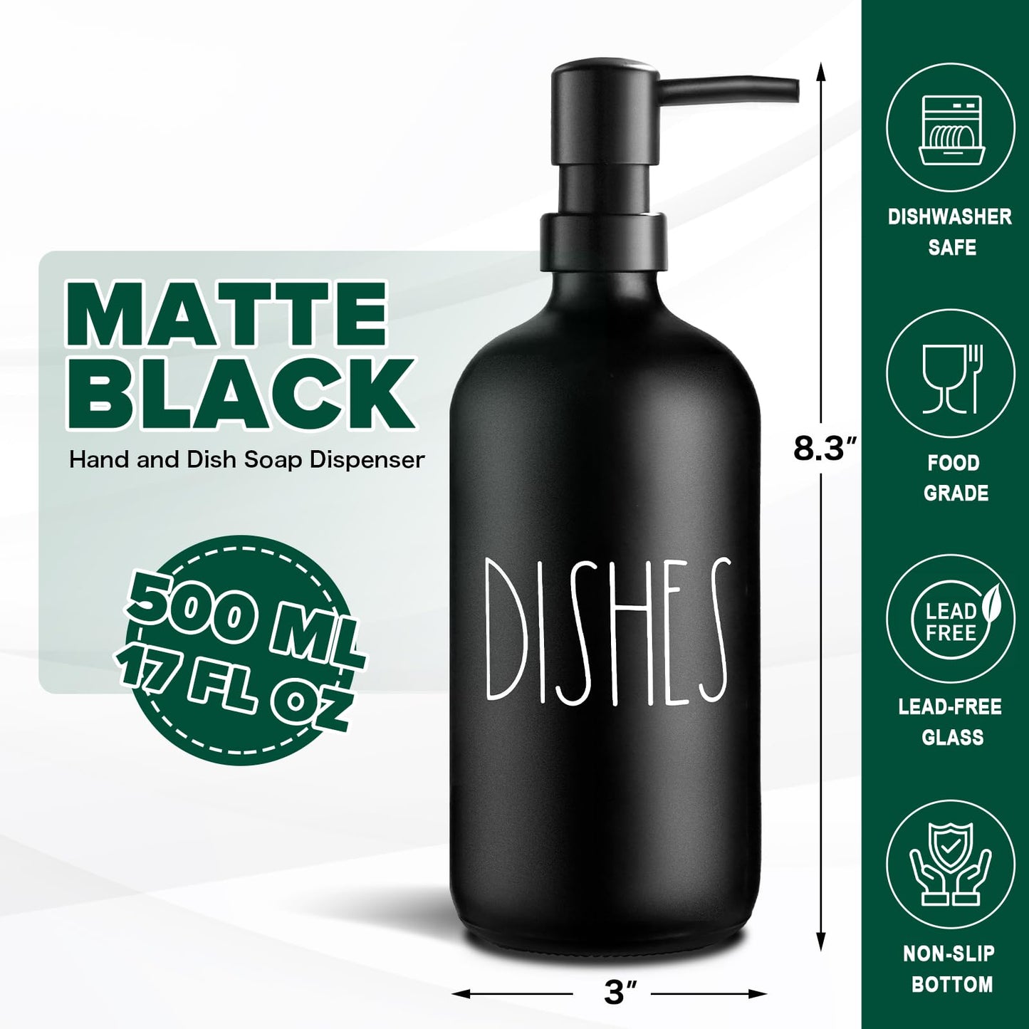 VIMERPA Hand and Dish Soap Dispenser Set, Matte Black Hands Dishes Soap Dispenser Set for Kitchen, 2 Pack Glass Soap Dispensers Set with Plastic Pump, 17 Fl Oz Refillable Liquid Soap Bottles