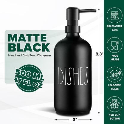 VIMERPA Hand and Dish Soap Dispenser Set, Matte Black Hands Dishes Soap Dispenser Set for Kitchen, 2 Pack Glass Soap Dispensers Set with Plastic Pump, 17 Fl Oz Refillable Liquid Soap Bottles