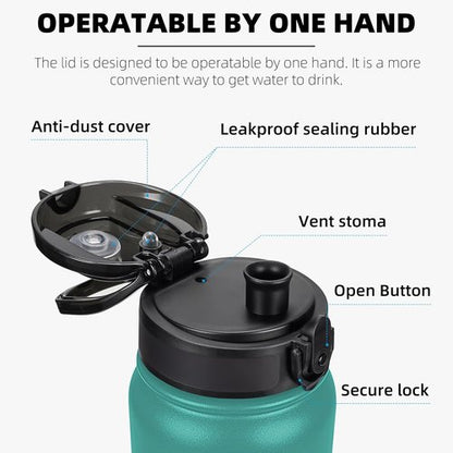 Fanhaw 32 oz Insulated Stainless Steel Water Bottle - Leakproof Vacuum Design | Anti-Dust Chug Lid (Green Blue)
