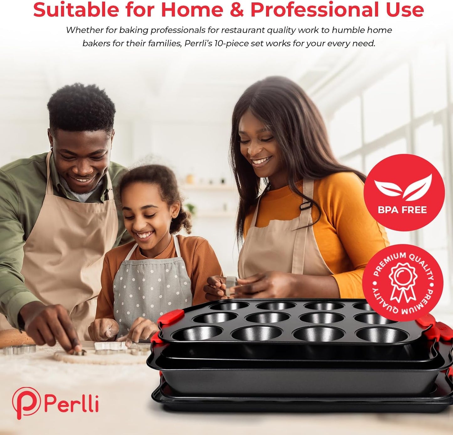 PERLLI Non-Stick 10-Piece Baking Pan Set - BPA-Free Carbon Steel Bakeware with Silicone Handles | Oven Safe Up to 446°F