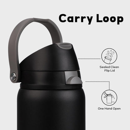 Skiennix 32 oz Insulated Water Bottle - 2-in-1 Quick Flip Straw & Push Button Lid | Leakproof, Black