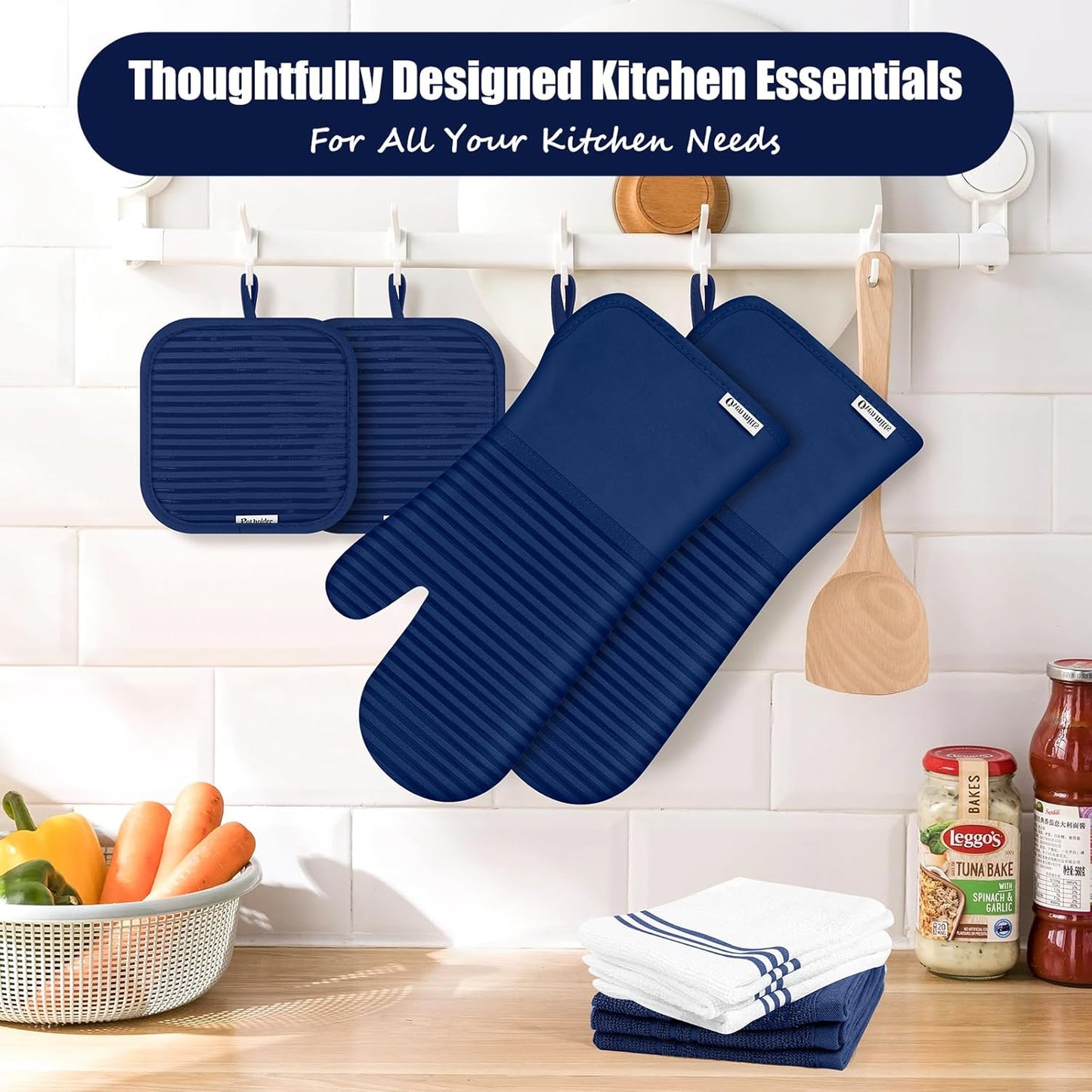 Skiennix Oven Mitts and Pot Holder Set - 500°F Heat Resistant Silicone Grip | 6 Pack Cotton Dish Towels - Marine Blue Kitchen Essentials