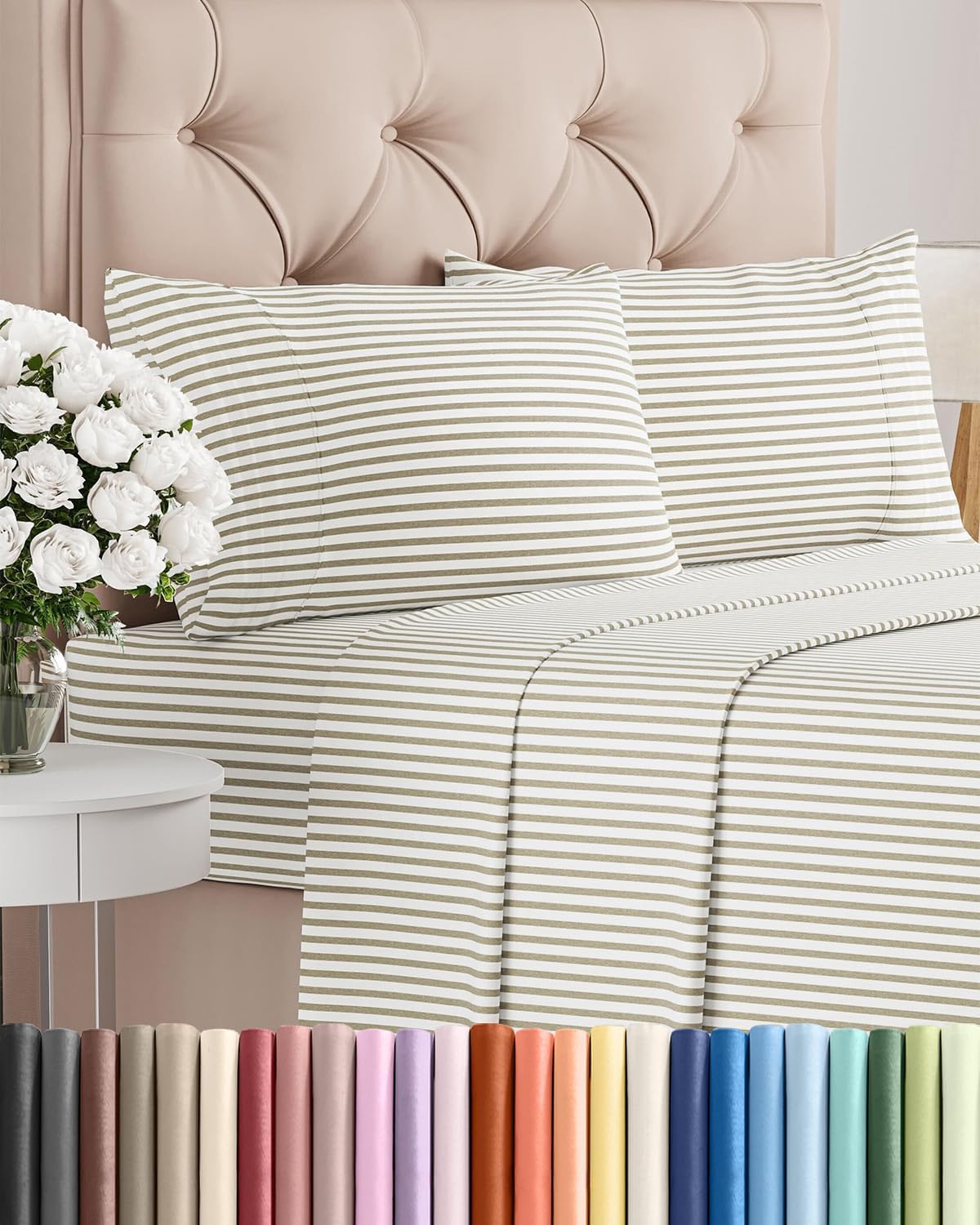 Skiennix Queen Size 4-Piece Sheet Set - Comfy, Breathable & Cooling Hotel Luxury Bedding - Deep Pockets, Wrinkle-Free, Oeko-Tex Certified - Beige Stripes