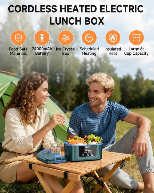 GEARGO Cordless Electric Lunch Box - 6.3 Cups, 24000mAh Rechargeable & 24-Hour Self-Heating