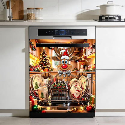 New Christmas Reindeer Dishwasher Door Sticker - Waterproof Vinyl Decal (Variation: New+Christmas Reindeer)