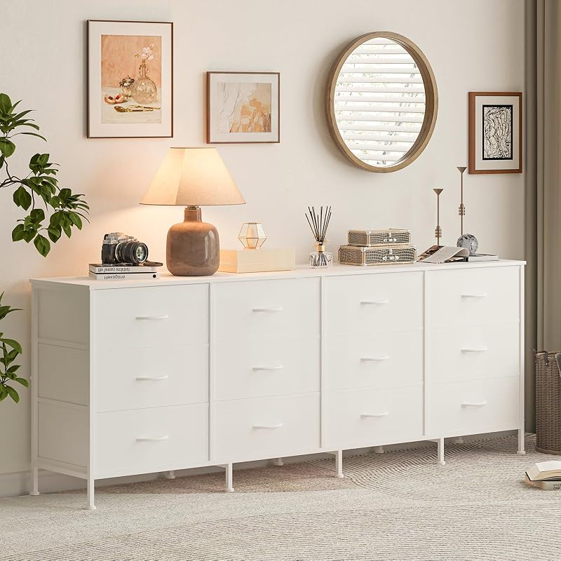 12-Drawer Long Fabric Dresser Wide Storage Chest TV Stand - White