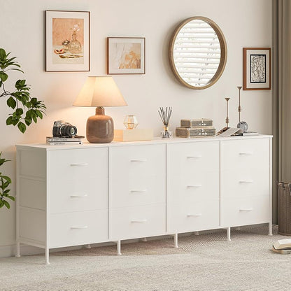 12-Drawer Long Fabric Dresser Wide Storage Chest TV Stand - White