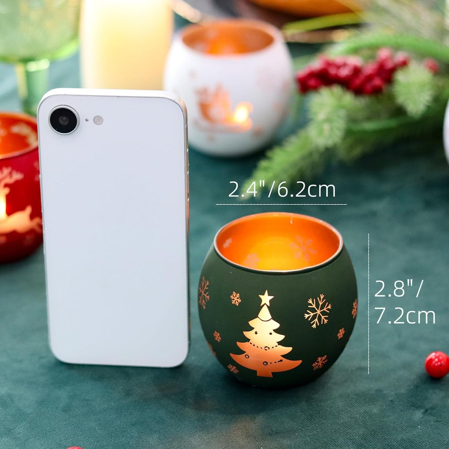 Skiennix Christmas Candle Holders - Set of 4 Frosted Glass Tealight Votives with Holiday Designs | Red, Green, White