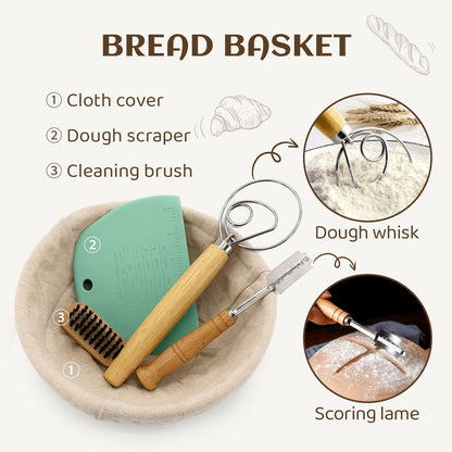 Banneton Bread Proofing Baskets set of 2, 9inch Round & 10inch Oval Sourdough Proofing Basket, Natural Handmade Rattan Basket with Bread Making Tools kit,Covers,Scoring Lame,Scraper,Brush,Dough Whisk.