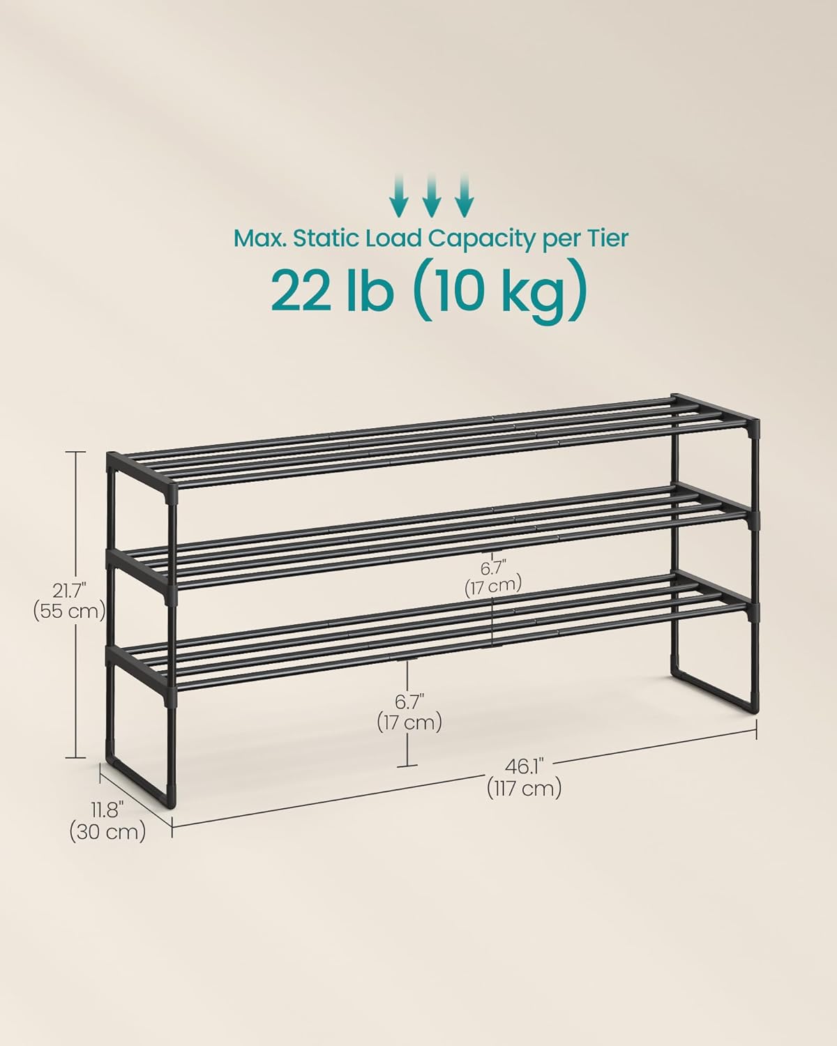 SONGMICS 3-Tier Shoe Rack - Stackable Metal Organizer for 20-24 Pairs | Black, 11.8 x 46.1 x 21.7 Inches