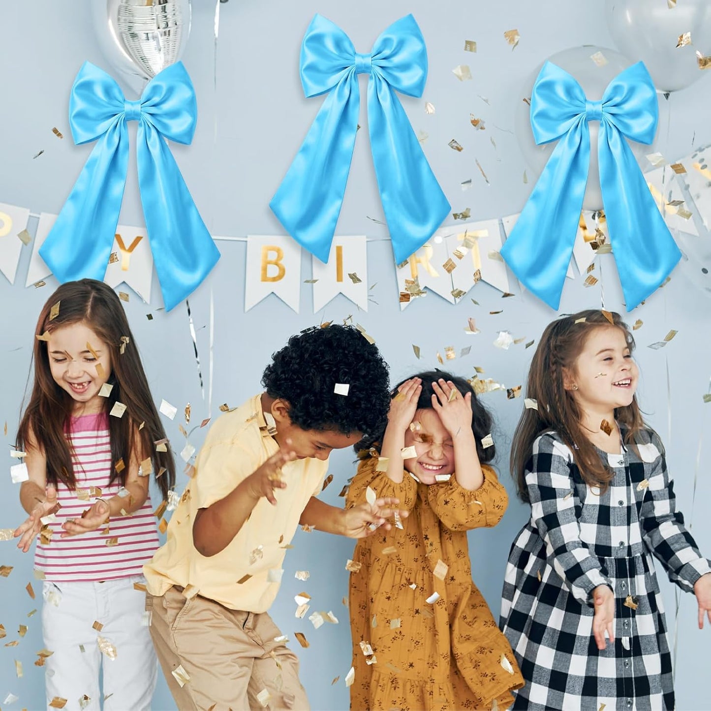 Suncalla Large Sky Blue Satin Bow Decorations - 3 Pcs | 2 ft Hanging Wall Decor for Weddings & Parties