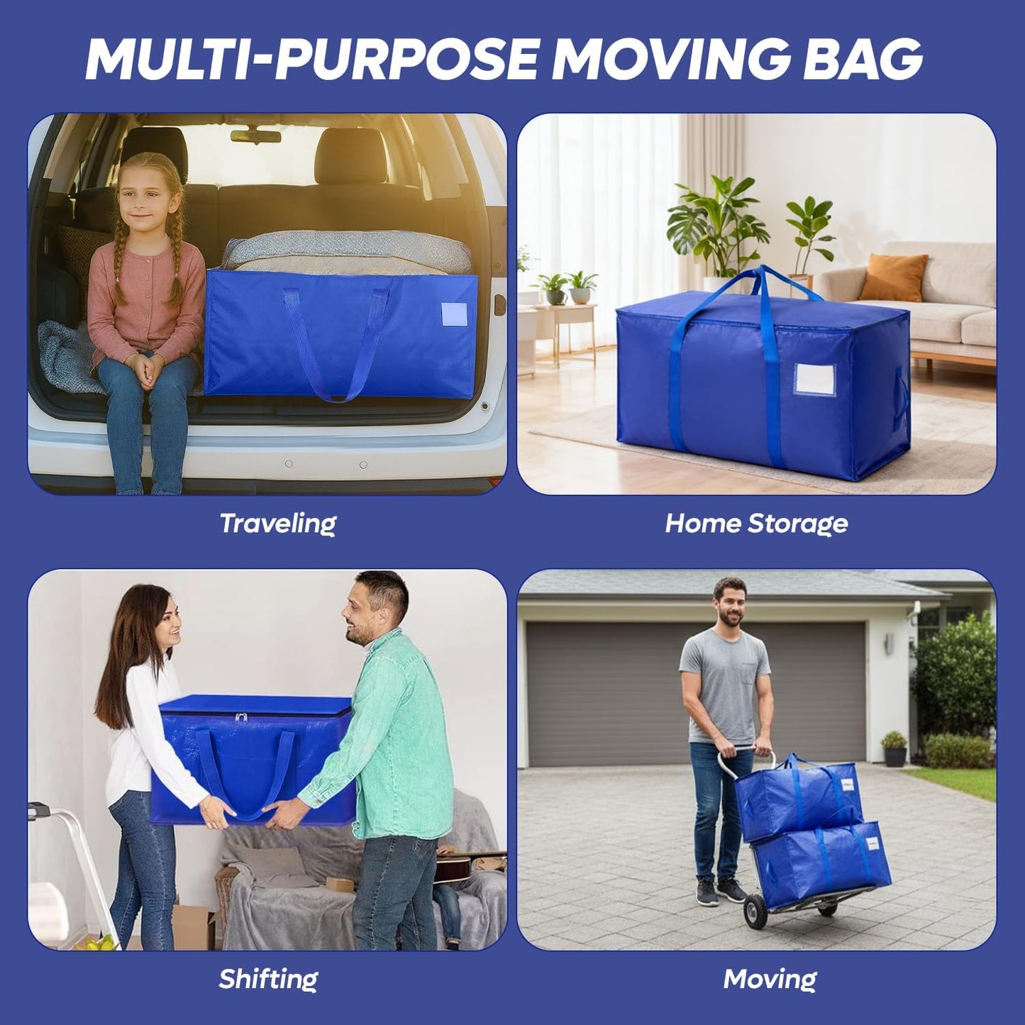 Skiennix Extra Large Moving Bags - Heavy Duty Storage Totes with Strong Zipper & Handles | 4 Pack