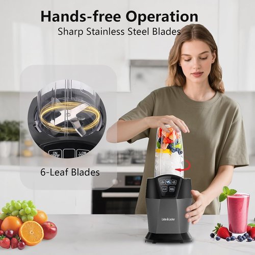 Liebe&Lecker Smoothie Blender - 1200 Peak Watts Personal Blender with 2 To-Go Cups & Solid Lid | Ice Crushing & Frozen Fruit