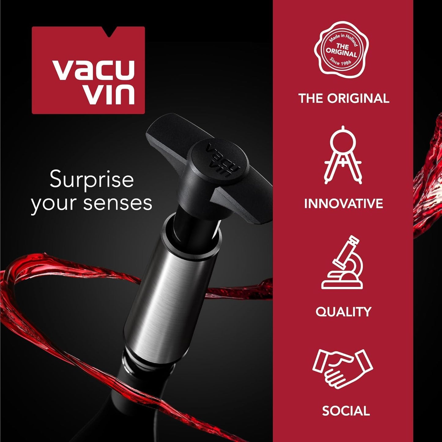 Vacu Vin Wine Saver Pump White with Vacuum Wine Stopper - Keep Your Wine Fresh for up to 10 Days - 1 Pump 2 Stoppers - Reusable - Made in the Netherlands