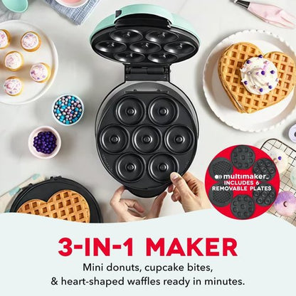 Dash MultiMaker® Treat Maker System - Create Mini Donuts, Cupcakes & Heart-Shaped Waffles - Aqua, Easy-Clean Design