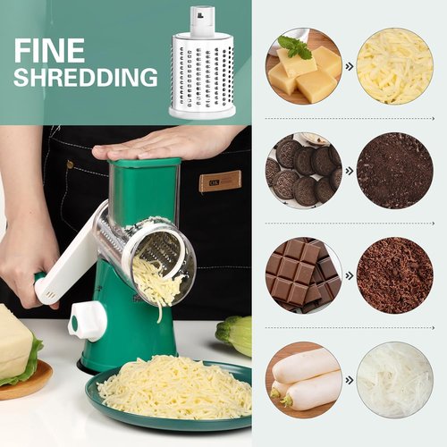 Cambom Rotary Cheese Grater - Hand Crank Shredder for Fresh Cheese & Vegetables | Non-Slip Base, Deep Green