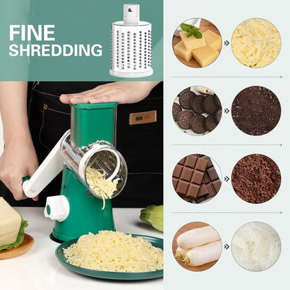Cambom Rotary Cheese Grater - Hand Crank Shredder for Fresh Cheese & Vegetables | Non-Slip Base, Deep Green