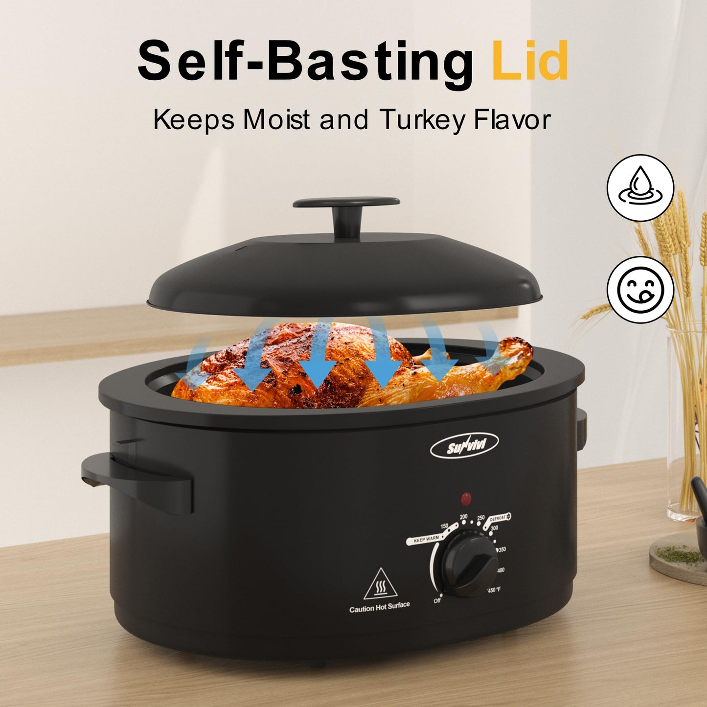 SUNVIVIPRO Roaster Oven with Self-Basting Lid, Electric Turkey Roaster Oven with Removable Pan and Rack, Stainless Steel, Black, 8 QT