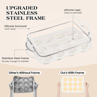 Skiennix Silicone Cupcake Pan Set - Nonstick 12 Cup & Mini 24 Cup Muffin Molds | BPA Free, Cream Color (2 Pcs)