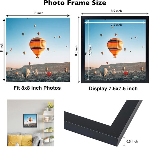 JCJMY 8x8 Black Picture Frame - Versatile Wall & Tabletop Display with Shatter-Resistant Plexiglass