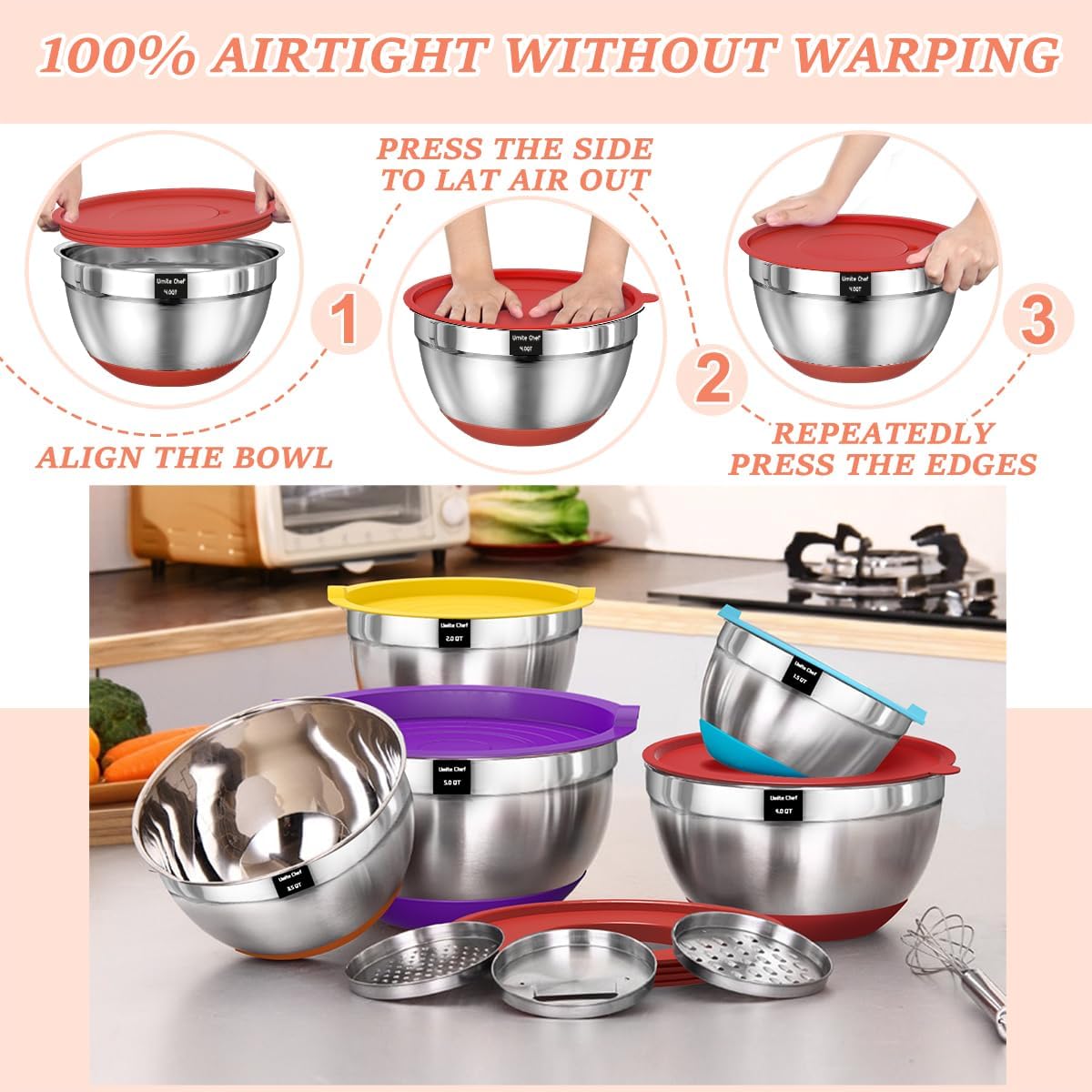 Umite Chef Mixing Bowls Set - 8PCS Stainless Steel with Airtight Lids & Non-Slip Bottoms | 5QT to 1.5QT