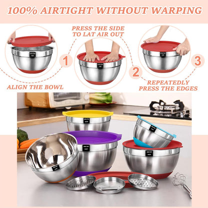 Umite Chef Mixing Bowls Set - 8PCS Stainless Steel with Airtight Lids & Non-Slip Bottoms | 5QT to 1.5QT