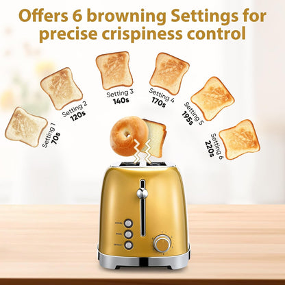 Skiennix Gold 2-Slice Toaster - Wide Slot Stainless Steel with 6 Shade Settings & Removable Crumb Tray