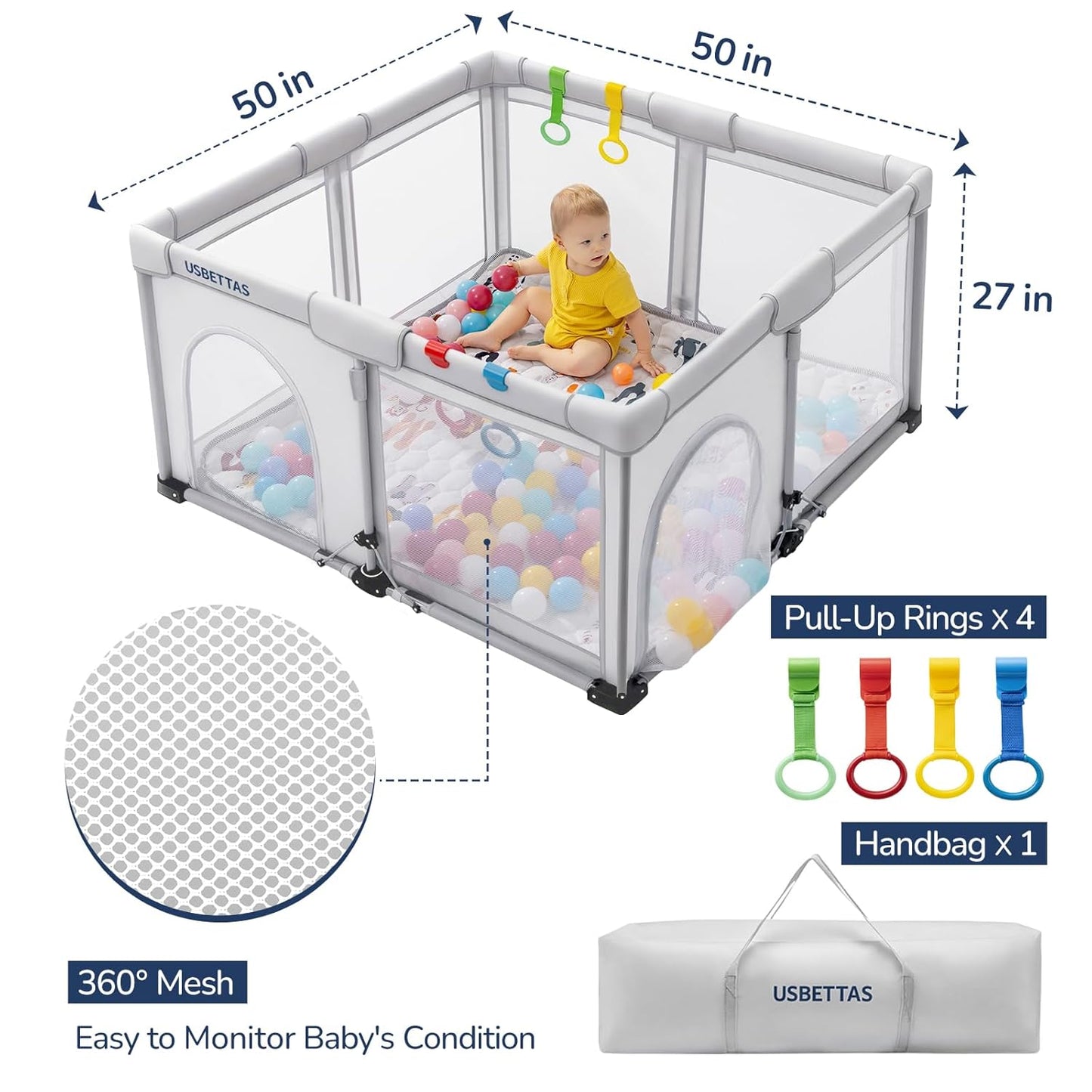 Skiennix Foldable Baby Playpen - Lightweight Portable Design with Quick 1-Minute Setup | 50"x50" Light Gray Safety Yard for Babies & Toddlers