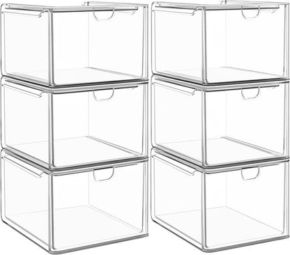 Caktraie 6-Pack Small Stackable Storage Drawers - Acrylic Bathroom Makeup Organizer | Versatile Plastic Bins for Home Organization