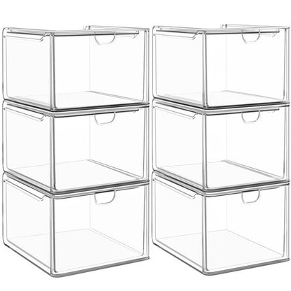 caktraie 6 Pack Small Stackable Stroage Drawers, Acrylic Bathroom Makeup Organizer, Plastic Storage Bins For Vanity, Undersink, Kitchen Cabinets, Pantry, Home Organization