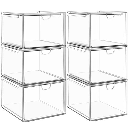 caktraie 6 Pack Small Stackable Stroage Drawers, Acrylic Bathroom Makeup Organizer, Plastic Storage Bins For Vanity, Undersink, Kitchen Cabinets, Pantry, Home Organization