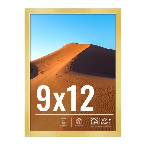 LaVie Home 9x12 Picture Frame for Wall Display, 9x12 Gold Picture Frame with HD Plexiglas, 9 x 12 Poster Frame 1 Pack, Display Frame for Vertical or Horizontal, Classic Collection