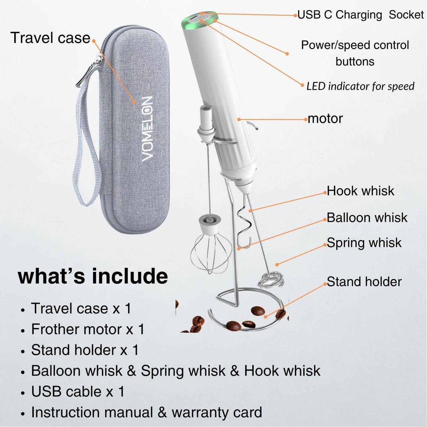 Skiennix Milk Frother - Rechargeable Electric Drink Mixer with 3 Whisks & Travel Case - White