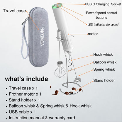 Skiennix Milk Frother - Rechargeable Electric Drink Mixer with 3 Whisks & Travel Case - White