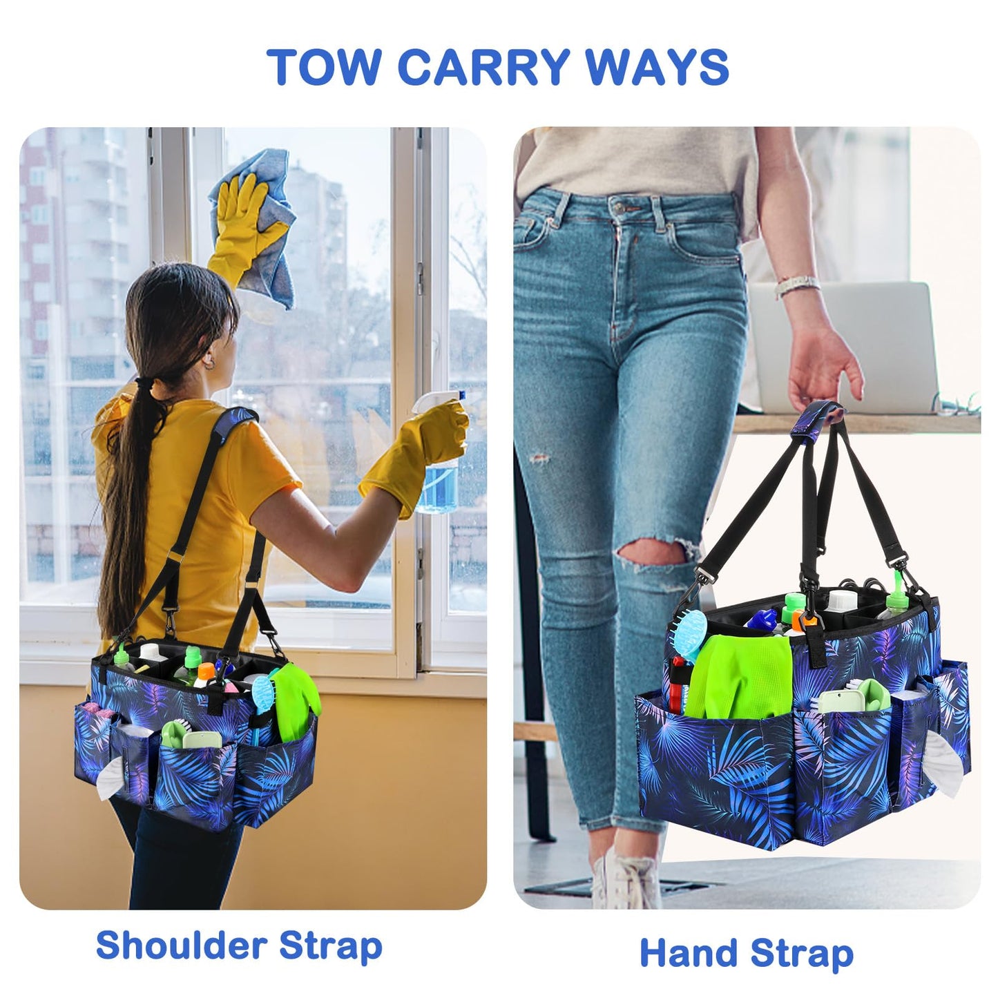 Wearable Cleaning Caddy Bag with Handle, Multi-functional Cleaning Supplies Caddy Organizer with Handle and Shoulder Strap for Car Wash, Gardening Tools, Painting/Picnic Items, Beach (Blue Leaves)