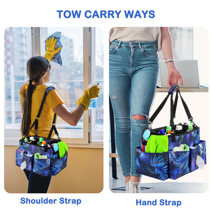 Wearable Cleaning Caddy Bag with Handle, Multi-functional Cleaning Supplies Caddy Organizer with Handle and Shoulder Strap for Car Wash, Gardening Tools, Painting/Picnic Items, Beach (Blue Leaves)