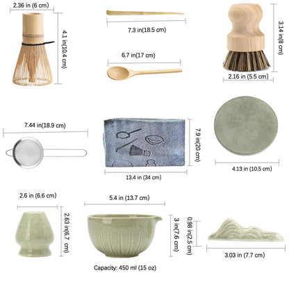 TANG PIN Matcha Whisk Set, 15 OZ Matcha Bowl, Matcha Whisk and Stand, Scoop, Spoon, Sifter, Coaster, Cleaning Brush and Tea Towel, 10 Pcs Perfect Matcha Kit for Matcha Tea Ceremony