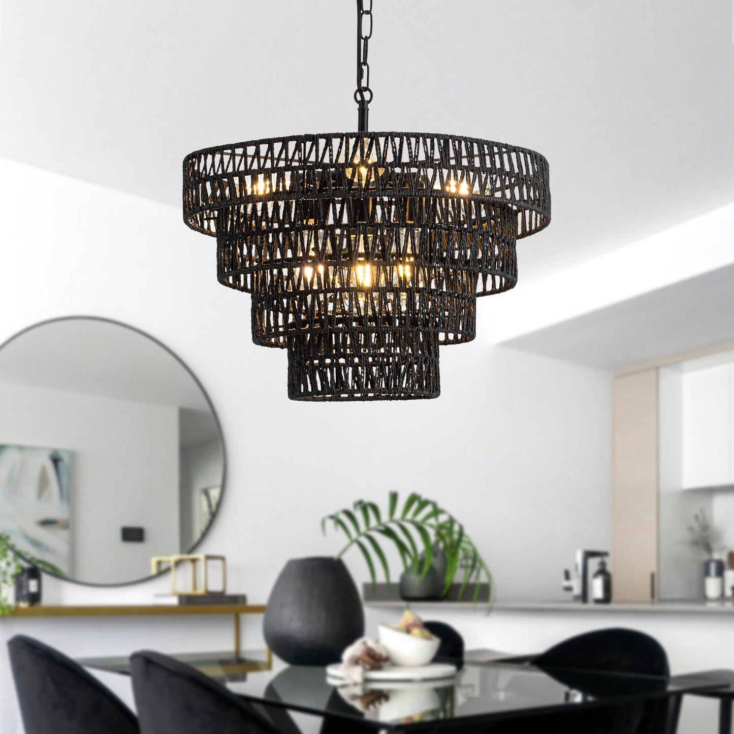 20 inch Pendant Lights Kitchen Island, 6 Lights Large Boho Chandeliers, Height Adjustable Hand Woven Rustic Farmhouse Ceiling Light for Dining Room Living Room Height Adjustable,4 tier, Black