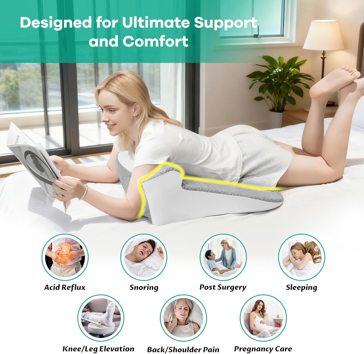 Skiennix Bed Wedge Pillow - Ergonomic Memory Foam Support for Sleep Apnea & Reading | Grey