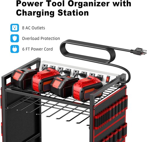 JUNNUJ Power Tool Organizer Cart - Heavy Duty Rolling Storage with Charging Station | Red